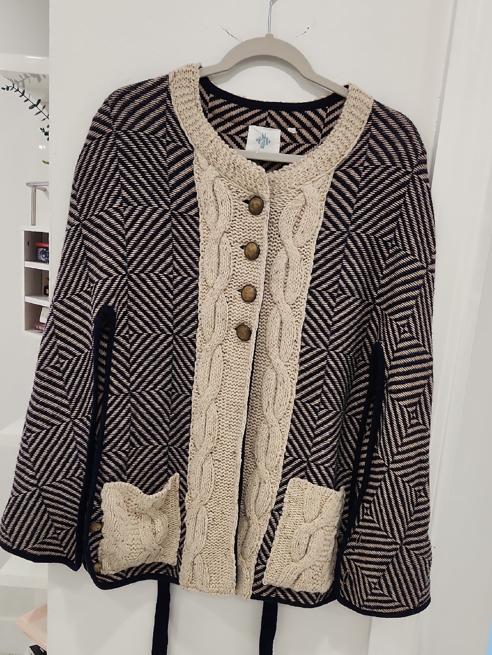 Anthropologie Black & Cream Cable-Trim Geometric Cardigan